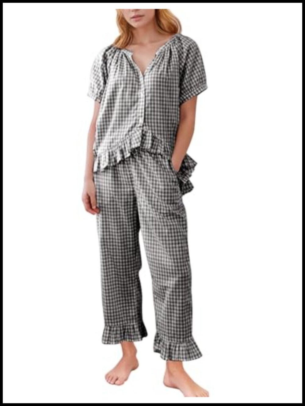 Cotton Gingham Pajama Set 2 Piece Ruffle Lounge Sleepwear